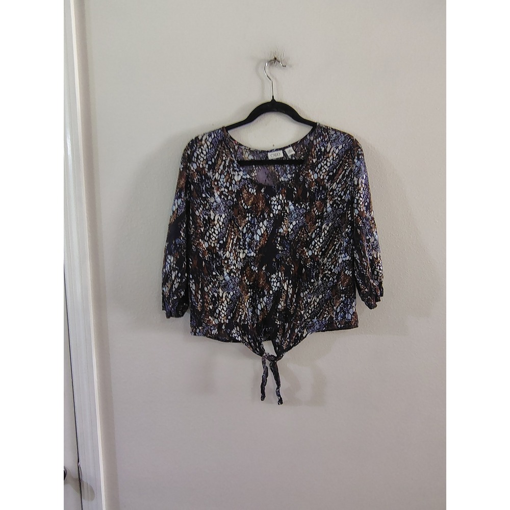 Cato Womens Snakeskin Print Tie Front Blouse Blue Brown 3/4 Sleeve Top Medium
